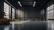 Minimalist industrial interior space featuring a large, imposing metal wall with textures and a concrete floor, exuding a cool, modern vibe