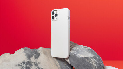 Wall Mural - Smart phone showcase on a rock, Sleek Phone Case Mockup for Smartphone product review, red