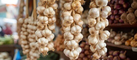 Sticker - A variety of freshly dried garlic braids hang in a vegetable market stall, ready for purchase.