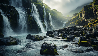 Poster - Majestic mountain, flowing water, tranquil scene, green forest, sunset generated by AI