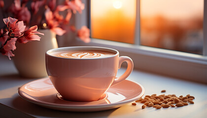 Wall Mural - Fresh cappuccino on wooden table, a perfect coffee break generated by AI