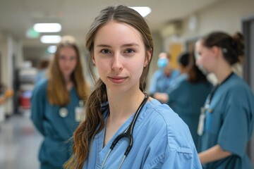 Portrait of a young healthcare student with her team in a clinical setting Representing the future of medical professionals.