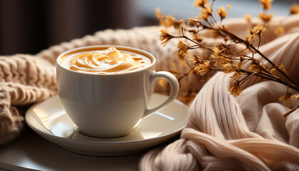 Poster - Coffee cup on wood table, frothy drink brings relaxation generated by AI