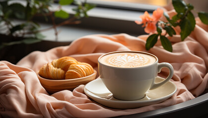 Wall Mural - Fresh cappuccino on wooden table, a perfect coffee break generated by AI