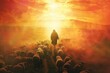 Shepherd themed illustration of jesus christ guiding sheep Set against a backdrop of prayer and divine light Symbolizing spiritual leadership and guidance.
