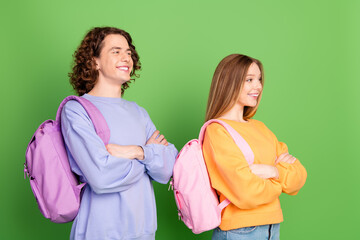 Sticker - Profile portrait of positive smart young people folded hands look empty space isolated on green color background