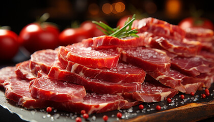 Poster - Freshness and gourmet on a rustic plate, smoked prosciutto appetizer generated by AI