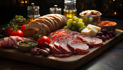 Sticker - Rustic plate of gourmet delicatessen prosciutto, salami, bread, tomato generated by AI