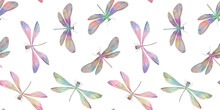 Delicate Watercolor Dragonflies On A White Background For Wallpaper Design, Seamless Pattern