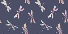 Watercolor Drawing Of A Dragonfly, Colorful Wallpaper With Insects On A Blue Background