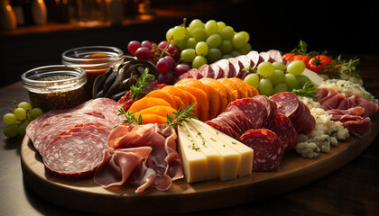 Poster - Rustic plate of meat, cheese, and fruit on wooden table generated by AI