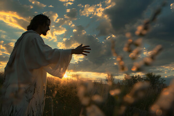 Divine Encounter: Serene Moment with Jesus Christ Extending Hand to the Sky