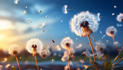 Poster - Fluffy dandelion seed flying in blue summer meadow generated by AI