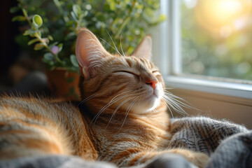 Sticker - A cat perched on a sunny windowsill, basking in the warmth and comfort of indoor living. Concept of feline relaxation. Generative Ai.