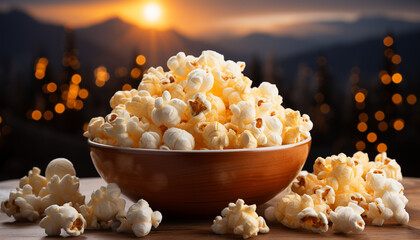 Wall Mural - Fresh popcorn, sweet candy, and refreshing drink for movie night generated by AI