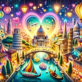 Fototapeta Big Ben - A wonderful view of Italy with iconic landmarks such as the Colosseum, Leaning Tower of Pisa and Venetian gondolas, surrounded by magical elements such as floating lanterns, colorful skies and a large