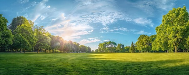 Wall Mural - Beautiful nature scene. A panoramic photo of lawn with trees in distance