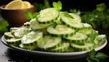 Fototapeta Natura - Fresh cucumber slices on a wooden plate, a healthy snack generated by AI