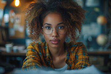 Poster - an innovative businesswoman brainstorming ideas on a digital tablet, illustrating creativity and for