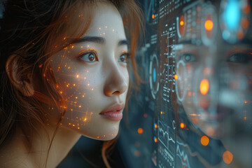Poster - A businesswoman utilizing artificial intelligence tools for business optimization, illustrating the intersection of technology and business strategy. Concept of AI integration. Generative Ai.