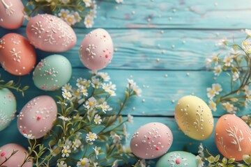 Happy Easter Eggs Basket Turquoise Aquamarine. Bunny hopping in easter dinner decoration. Adorable hare 3d dainty rabbit illustration. Holy week easter hunt dogwood blossom card easter jasmine