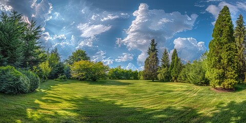 Wall Mural - Beautiful nature scene. A panoramic photo of lawn with trees in distance