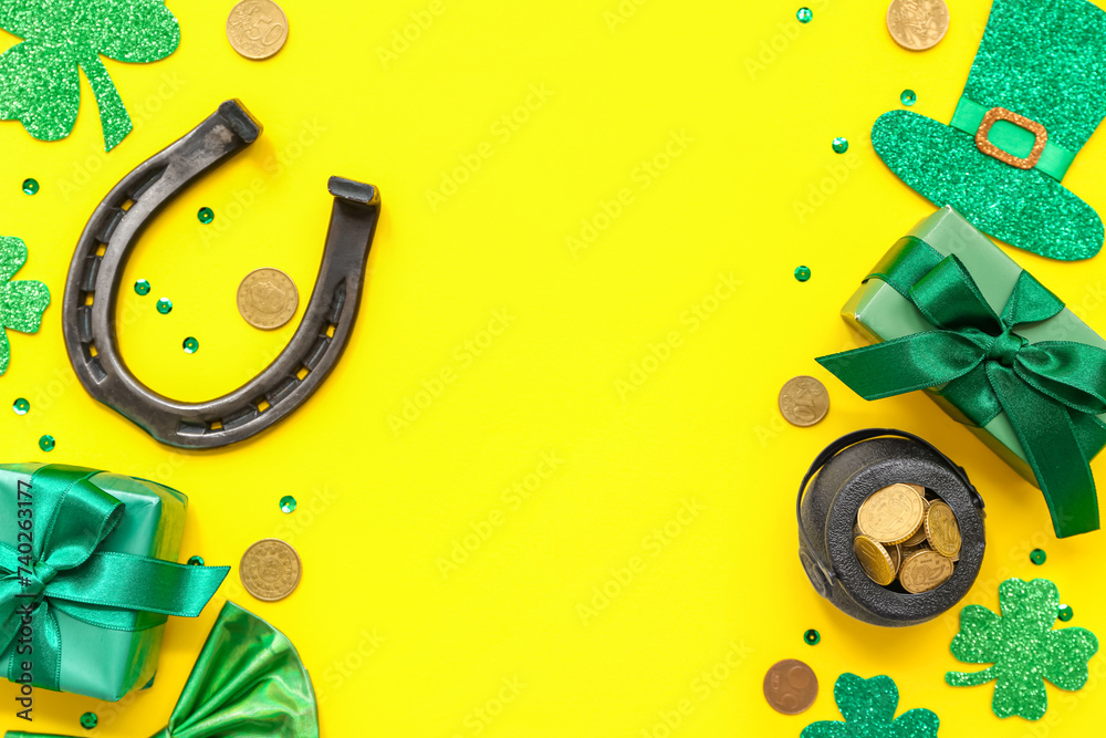 Pot with golden coins, gift boxes and horseshoe on yellow background. St. Patrick's Day celebration
