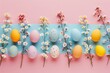 Happy Easter Eggs Basket tulip arrangements. Bunny hopping in illustration styles decoration. Adorable hare 3d Rose Tint rabbit illustration. Holy week easter hunt Surreal card bleeding hearts