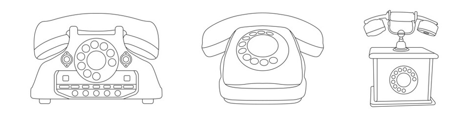 Sticker - Vintage telephones vector outline set. Landline home retro phones vector. Rotary dial old phone vector icon. Vector illustration.