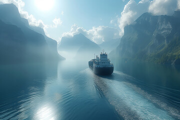 Poster - A cargo ferry crossing a serene lake, connecting islands and promoting water-based transportation. Concept of inland water transport. Generative Ai.