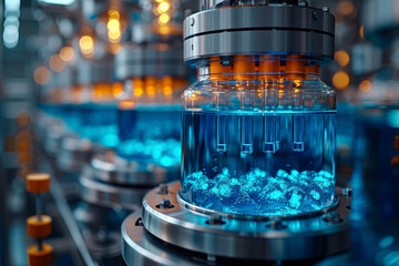 Poster - Bioreactor vessels cultivating genetically modified microorganisms for industrial applications. Concept of bioprocessing. Generative Ai.