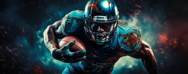 Wall Mural - Portrait of male american football player in sports equipment in dark studio