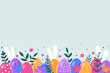 Colourful Easter background with bunnies, eggs and flowers. Vector illustration