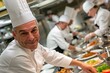 Chef cuisinier souriant avec sa troupe dans les cuisines d'un restaurant » IA générative