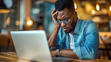 Wall Mural - man sitting at a desk with his head in his hands, looking stressed or frustrated in front of an open laptop.