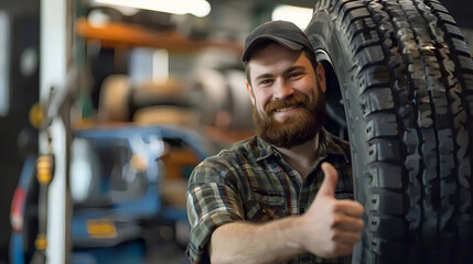 Wall Mural - Smiling mechanic showing thumbs up with car tire in the car repair shop.