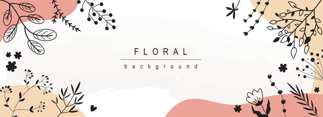 Poster - Floral horizontal web banner. Abstract black outline wildflowers, blooming flowers, twigs and herbs on decorative background. Vector illustration for header website, cover templates in modern design