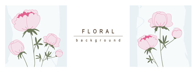 Aufkleber - Floral horizontal web banner. Pink blooming peony bouquets with green leaves on abstract background. Summer flowers backdrop. Vector illustration for header website, cover templates in modern design