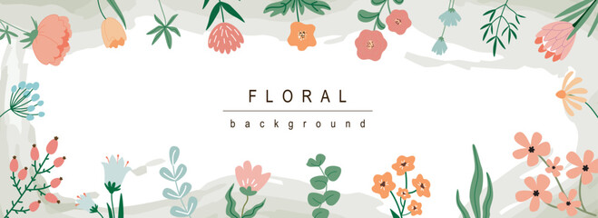 Wall Mural - Floral horizontal web banner. Abstract summer blooming wildflowers and flowers, twigs with leaves borders on white background. Vector illustration for header website, cover templates in modern design