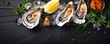 Opened Oysters with spices and herbs on slate table. Seafood. Generative ai