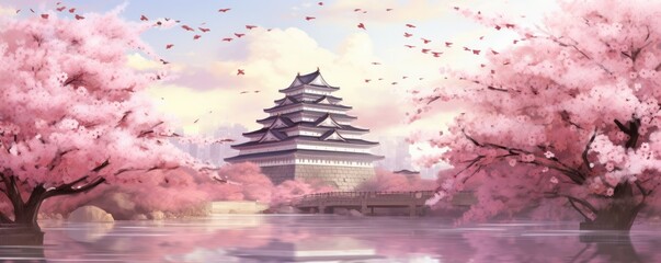 Wall Mural - Osaka castle with full cherry blossom lndscape, Japan. Generative ai