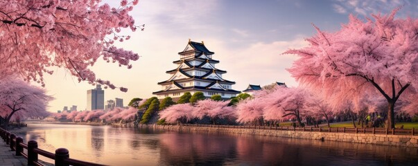 Wall Mural - Osaka castle with full cherry blossom lndscape, Japan. Generative ai