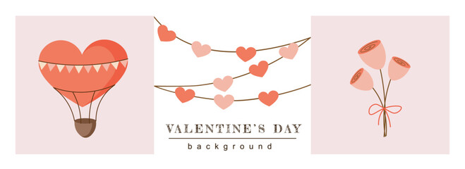 Poster - Valentine Day horizontal web banner. Hot air balloon with heart shape, romantic garland for party and rose flowers bouquet. Vector illustration for header website, cover templates in modern design