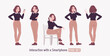 Young woman, charming anime like girl set smartphone interacting. Casual office attire, black sweater, white shirt collar, beige costume pants, classic brown shoes. Vector flat style cartoon character
