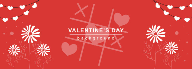 Poster - Valentine Day horizontal web banner. Heart holiday garlands, abstract flowers, love and romantic symbols on red background. Vector illustration for header website, cover templates in modern design
