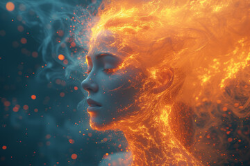 Poster - A dynamic burst of color emanating from an individual's head, symbolizing the explosive emergence of a brilliant idea. Concept of creative eruption. Generative Ai.