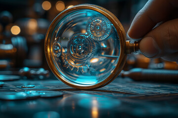 Aufkleber - A magnifying glass focused on a microcosm of intricate details, representing the thorough examination and exploration of an idea. Concept of detailed scrutiny. Generative Ai.