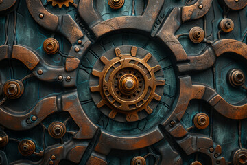 Poster - A labyrinth of interconnected gears and cogs, symbolizing the intricate workings of a well-thought-out and complex idea. Concept of intricate ideation. Generative Ai.