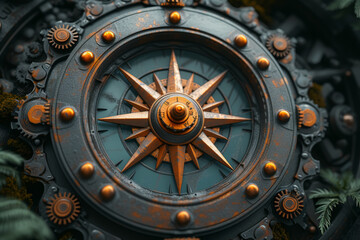 Poster - a compass rose surrounded by gears, highlighting the navigational precision and mechanical intricacy