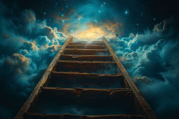 Poster - A ladder extending towards an open book, portraying the ascent of knowledge and the evolution of ideas through continuous learning. Concept of intellectual growth. Generative Ai.